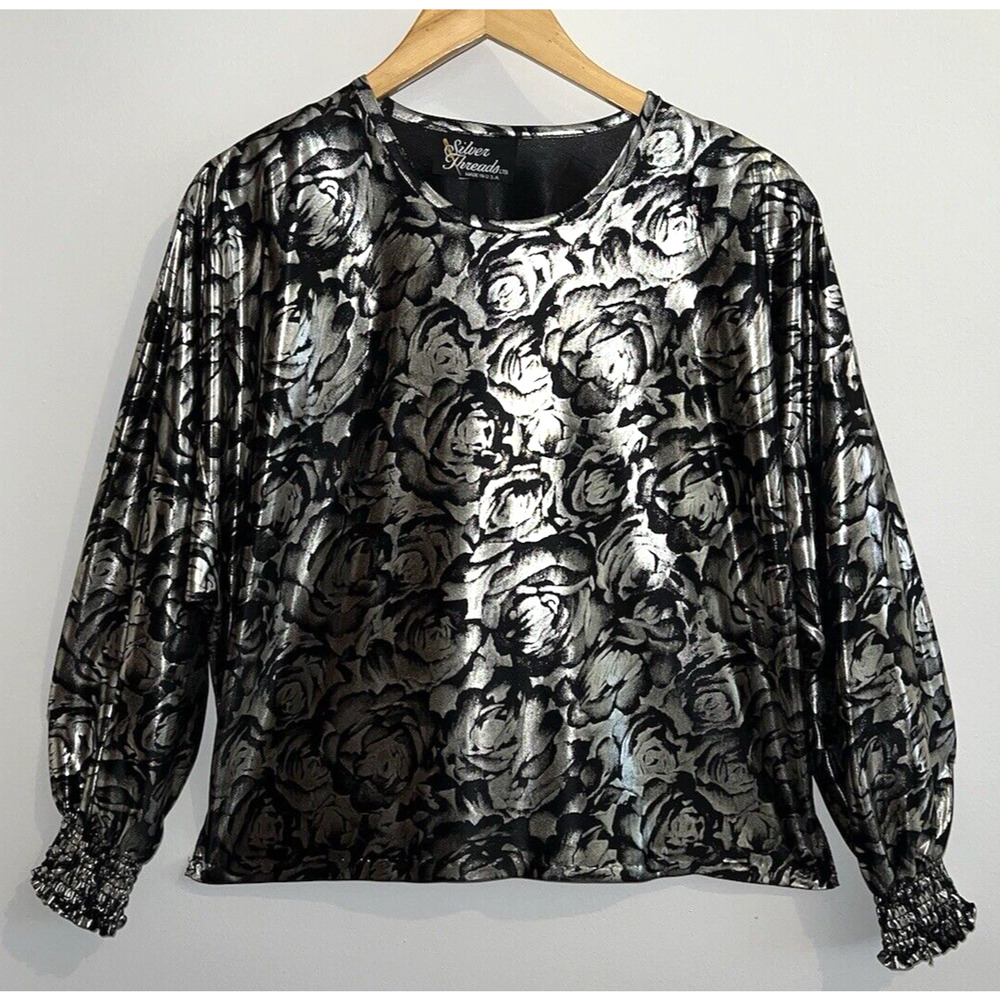 Silver Threads Long Sleeve Top Metallic Shirt - Black Gold Floral Foil - Sz S/M